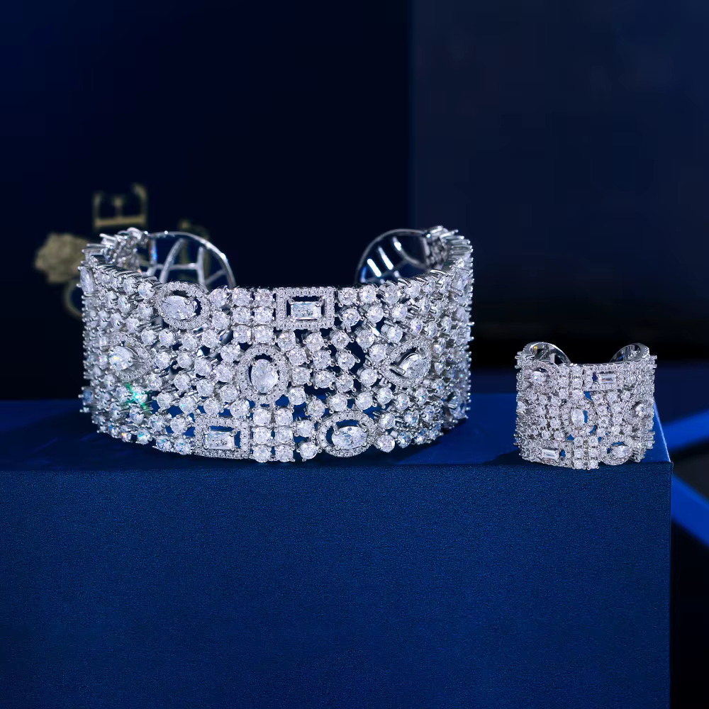 ThreeGrace-Ensemble de bracelets et de matiques brillants pour femmes, grand bracelet à manchette la
