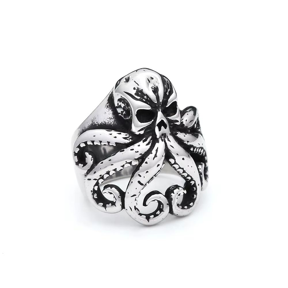 Bague gothique Vintage en acier inoxydable pour hommes, anneau de crâne de poulpe mythique, Punk Hip