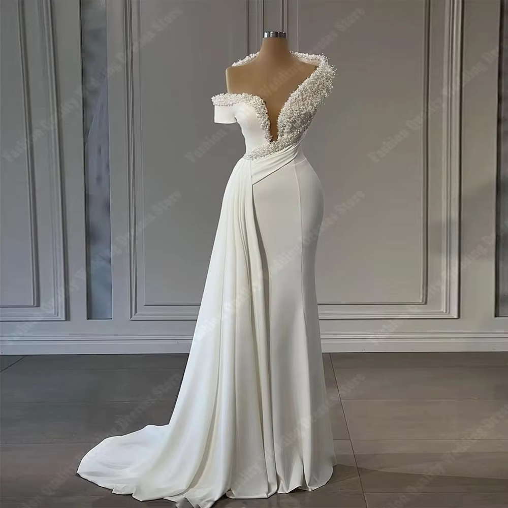 Robes de mariée sirène en satin sexy pour femmes, robes de mariée luxueuses à col en V, quelle que s