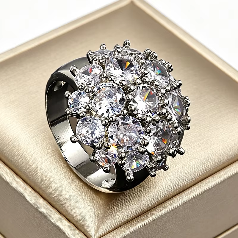 Bague de cocktail de luxe à 3 rangs pour femme, couleur or rose, pavée de zircone cubique brillante,