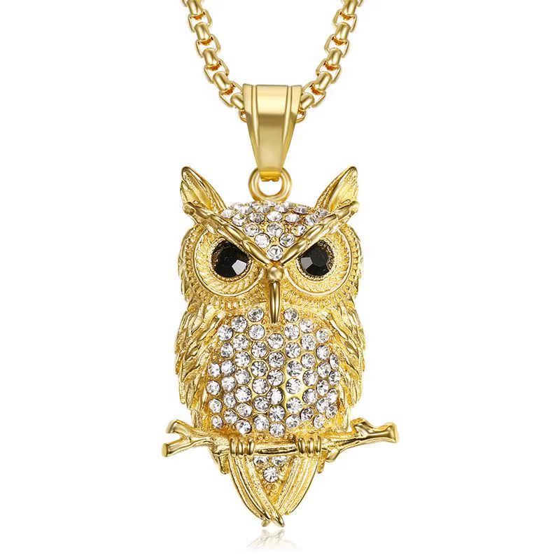 Collier Hip Hop avec pendentif hibou glacé pour femmes, couleur or, en acier inoxydable, Animal Blin