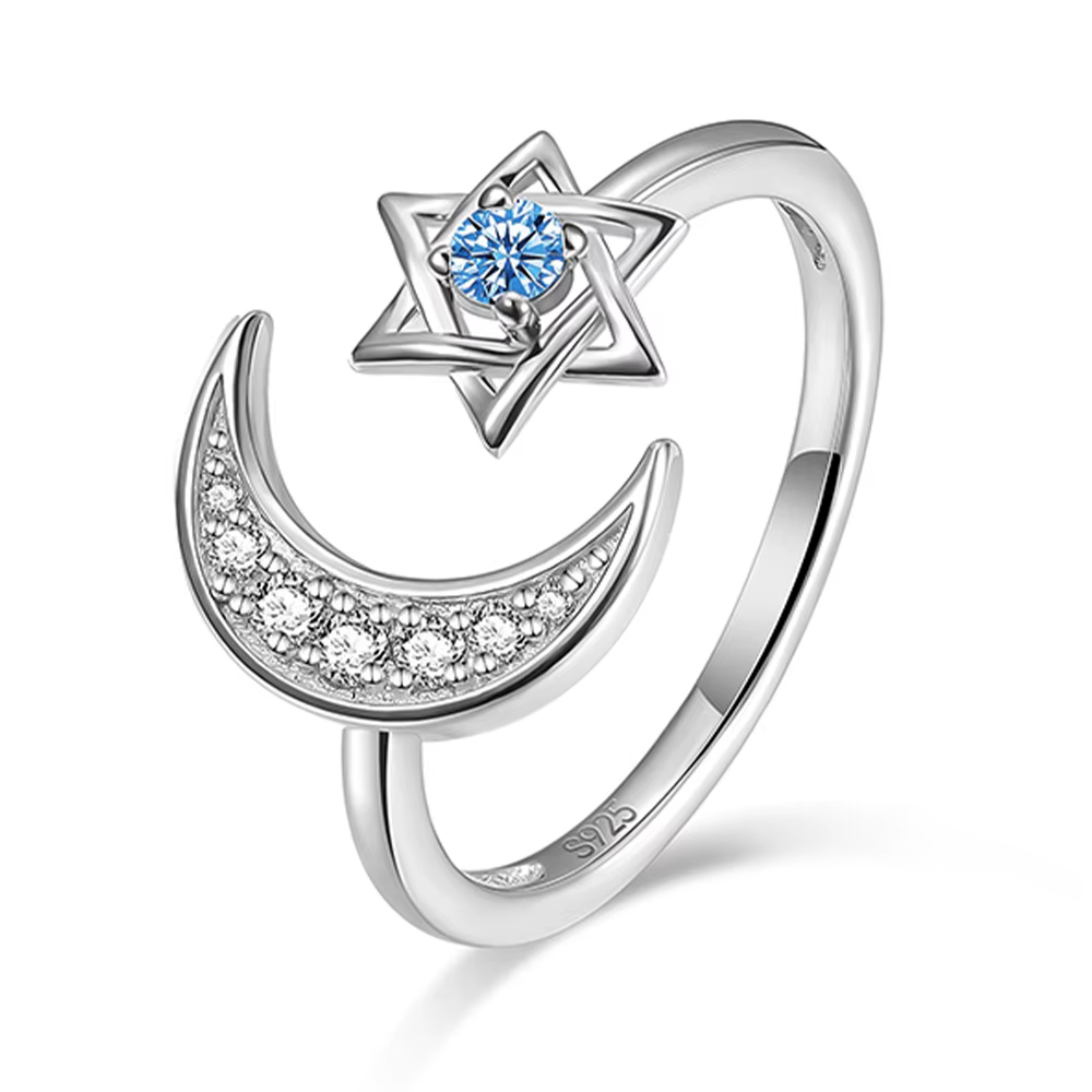 Monkton S925 – bagues en argent sterling avec lune et étoile hexagonale pour femmes, ajustables, éto