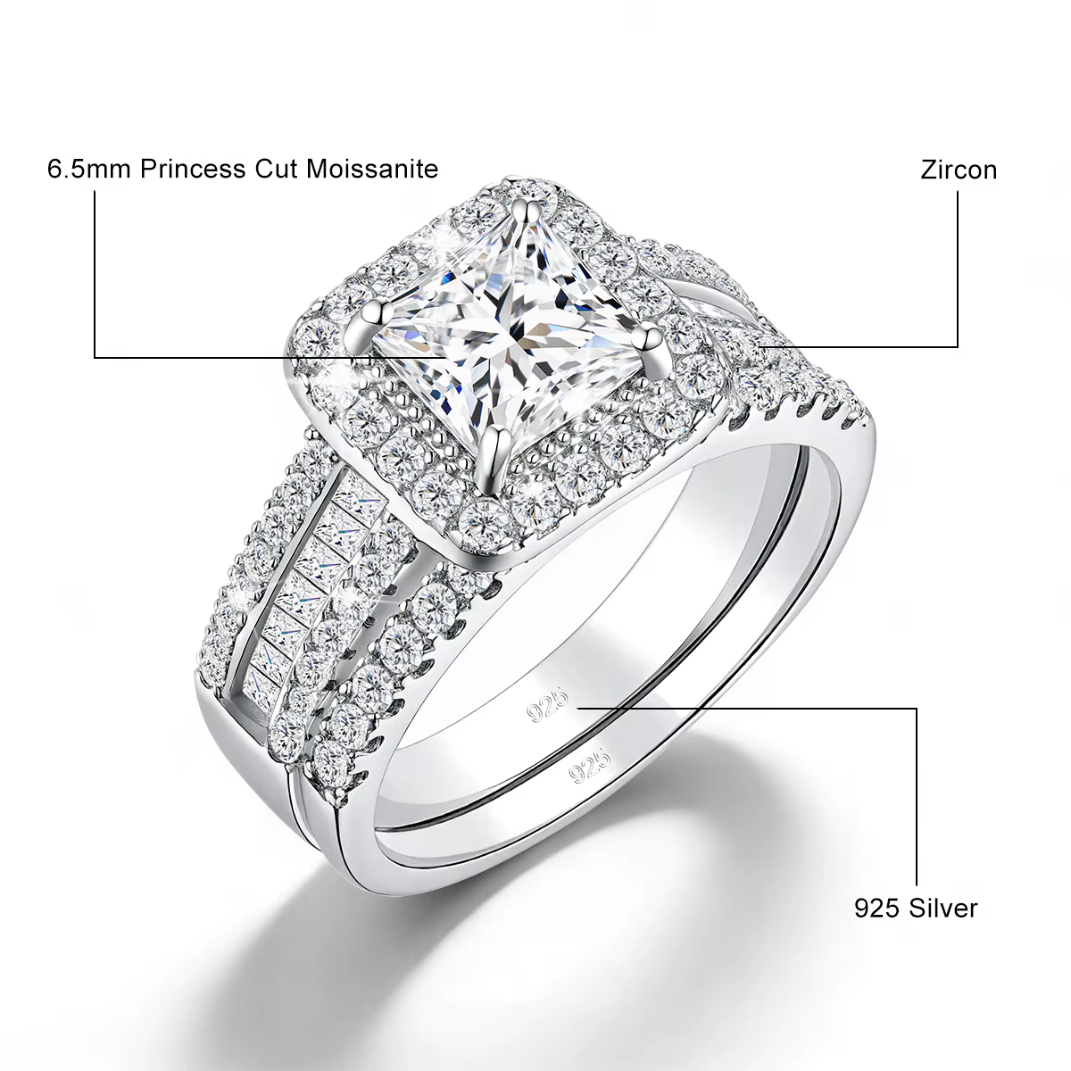 Ensemble de 2 alliances en argent 925 pour femmes, avec moissanite blanche taille princesse et halo,
