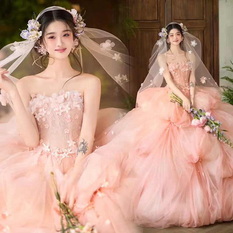 Robe de mariée rose sans bretelles, design floral élégant, luxueuse, pour anniversaire, coming-of-ag
