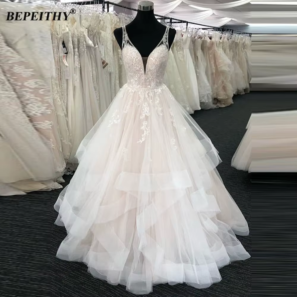 Robe de mariée personnalisée BEPEITHY coupe trapèze pour femme, dos nu sexy, à volants, couleur ivoi