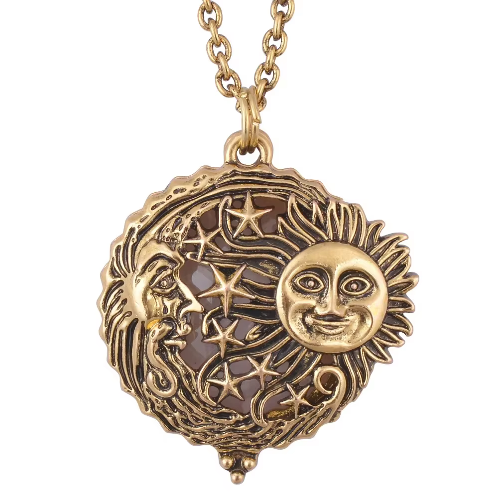 Pendentif loupe soleil avec lune et étoiles, collier en or antique, bijoux de document, ouvre et fer