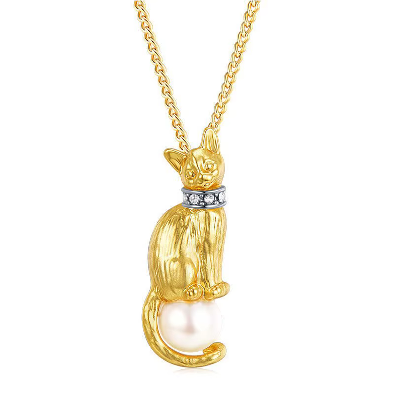 ANENJERY Collier Pendentif Chat Doré Perle pour Femme, Design Niche Mignon, Luxe Vintage, Bijou Déli