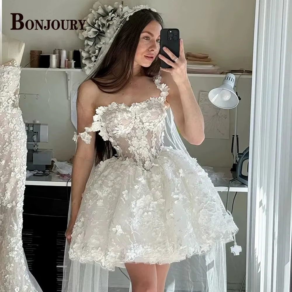 BONJOURY charmante Mini robe De mariée pour mariée avec Appliques hors De l'épaule a-ligne à lacets 