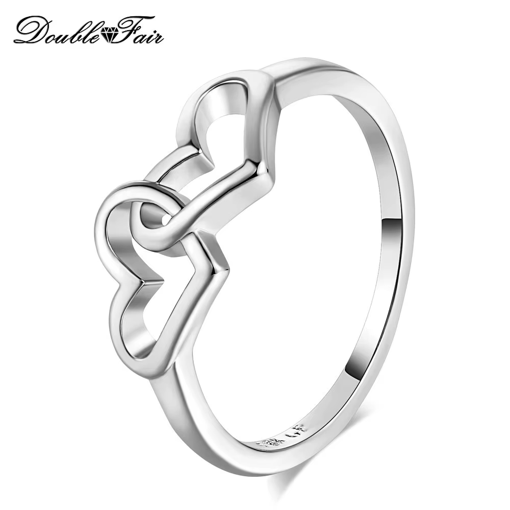 Bague romantique Double cœur pour femmes, bijoux de fiançailles à la mode, couleur or Rose/argent, o