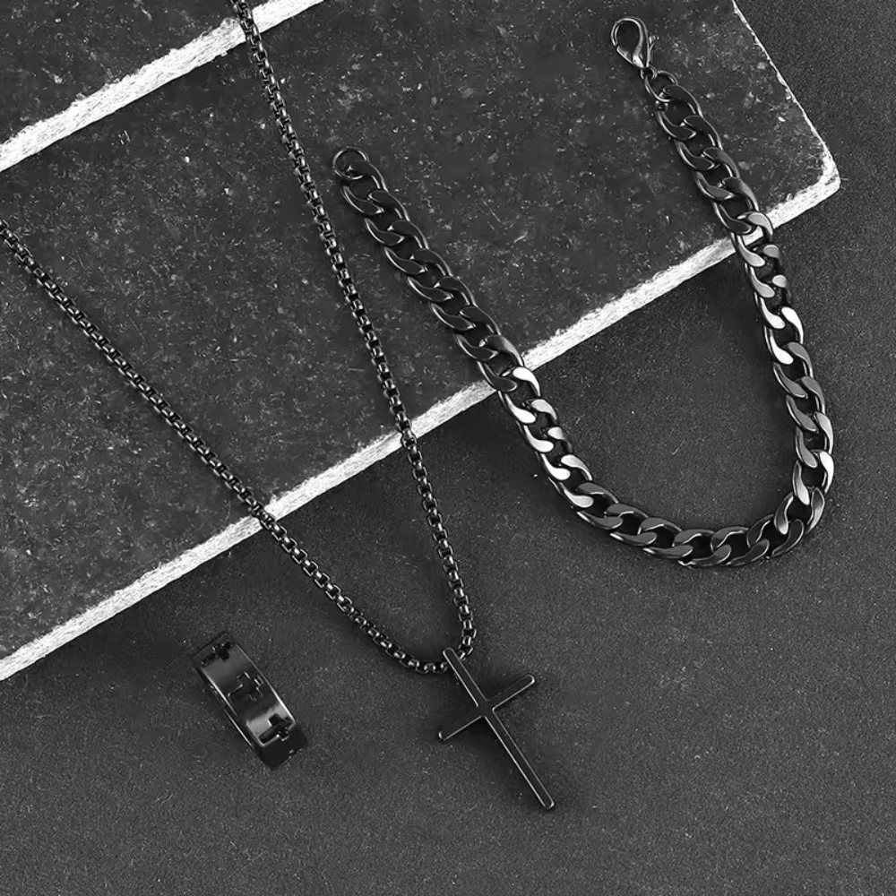 Ensemble de 3 pièces pour hommes, pendentif croix en métal, chaîne, collier, Bracelet, bague, ensemb