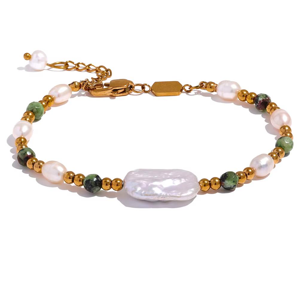 Yhpup luxe Baroque naturel Epidote pierre perles d'eau douce à la main en acier inoxydable perles Br