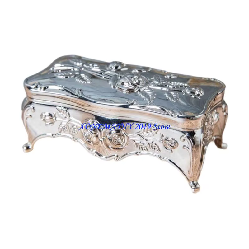 Étui à bijoux vintage artisanal orné F42F, avec plusieurs compartiments à l'intérieur