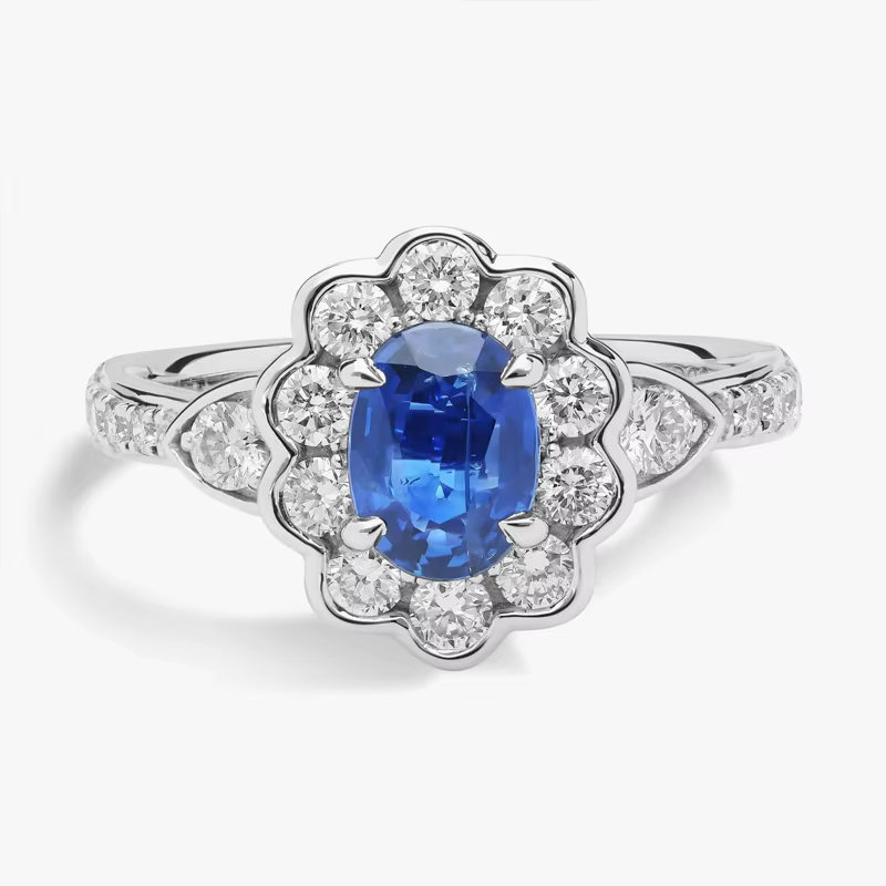Bague en or blanc 9K/14K/18K avec saphir de laboratoire et diamant, forme fleur, saphir ovale de lab