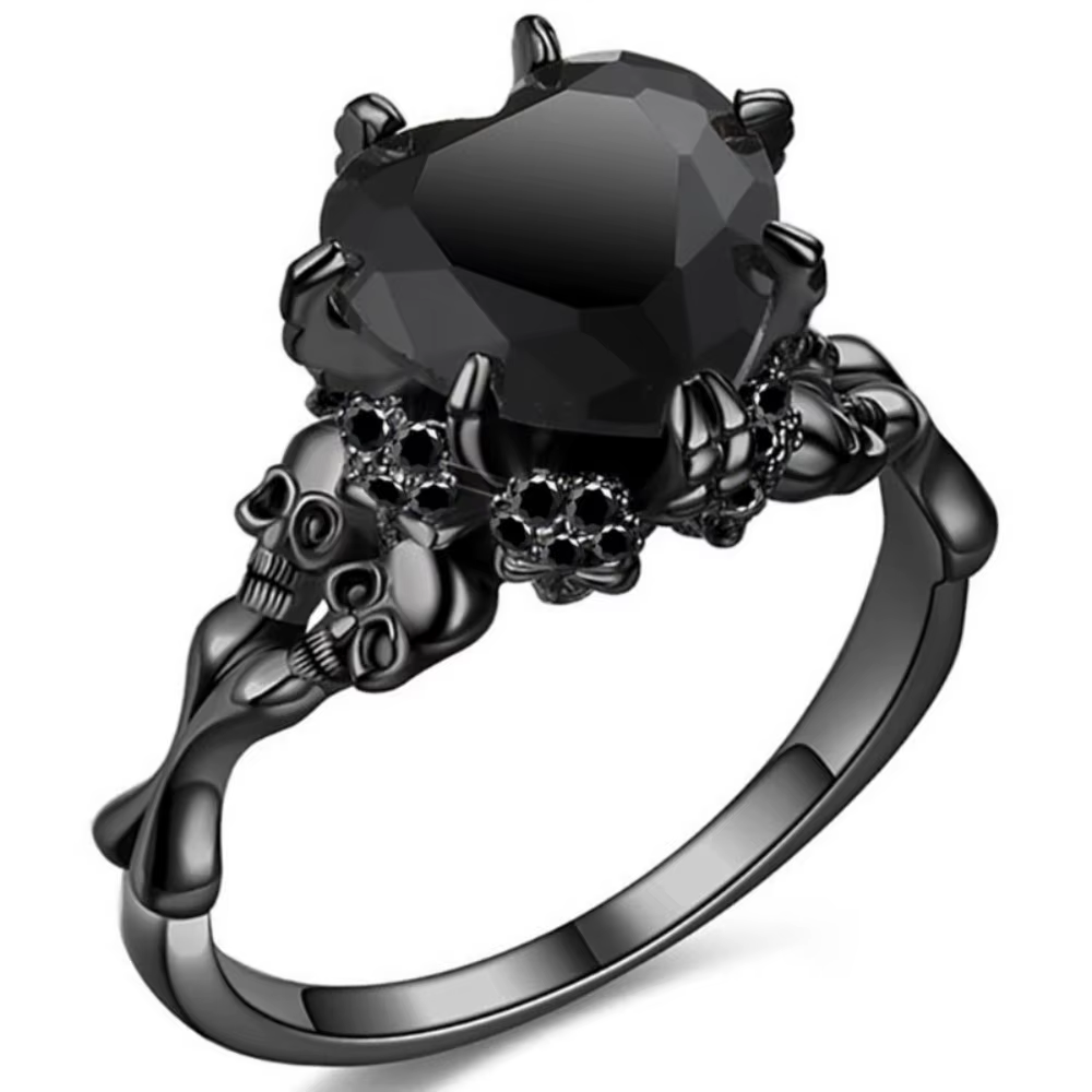 Bague gothique noire en forme de cœur pour femmes, cristal rouge, Vampire, Double crâne, bijoux de f