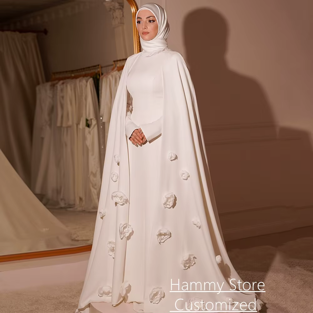 Robe de mariée musulmane modeste personnalisée, col montant, manches longues, fleurs faites à la mai