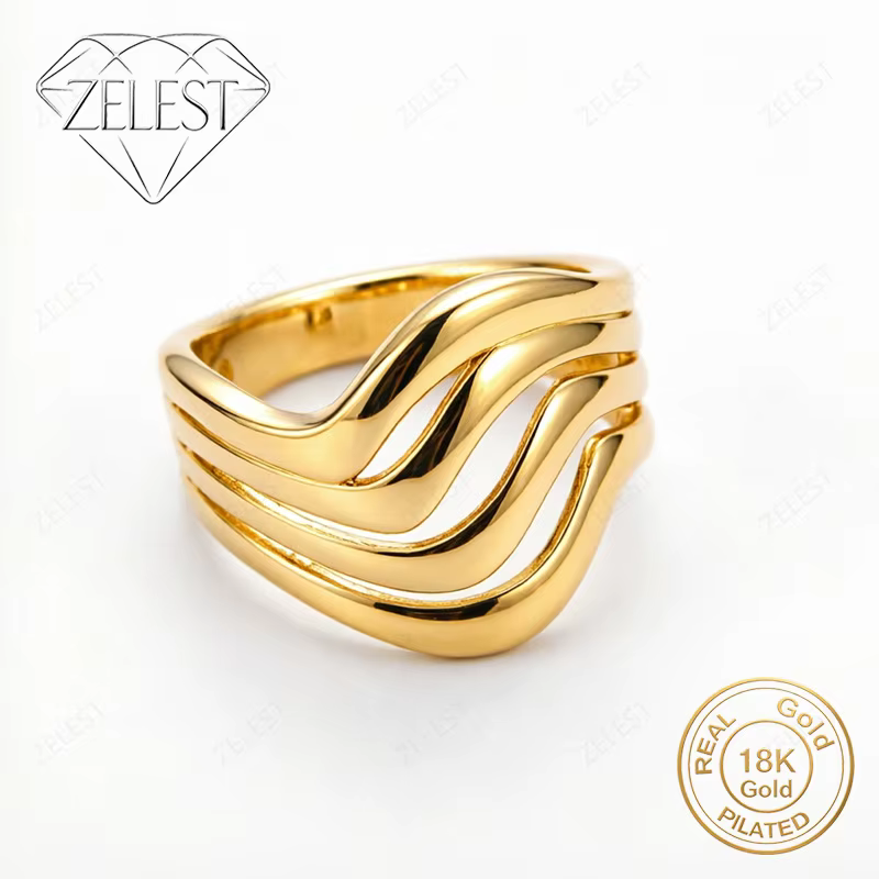 Argent 925 plaqué or 18 carats, exquis, 8 #   Bague à motif ondulé, accessoires de mode pour femmes,