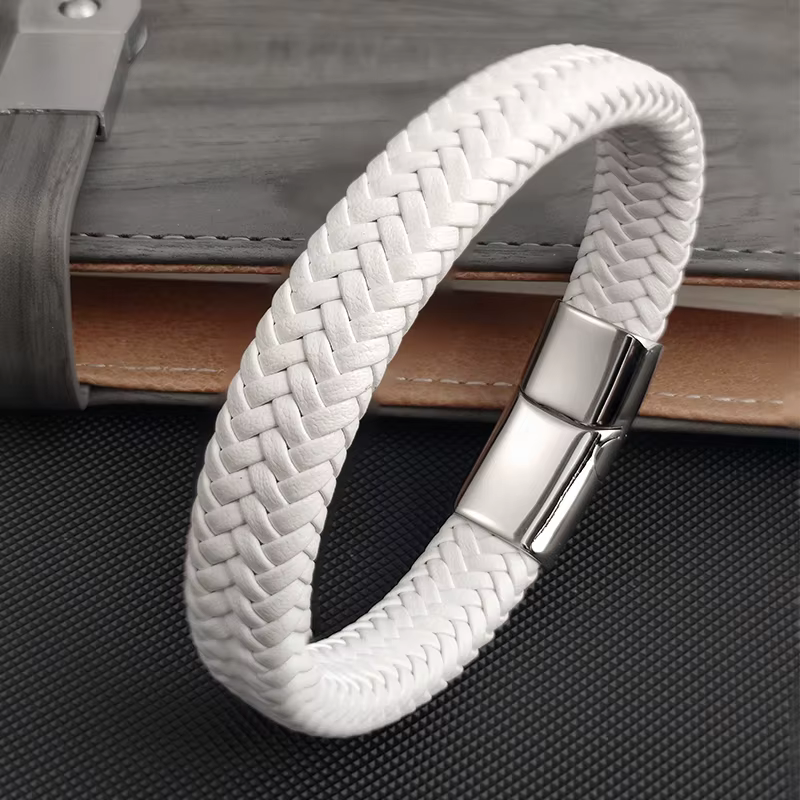 Bracelet tressé en cuir blanc Simple pour hommes, fermoirs à boucle en acier inoxydable, fait à la m