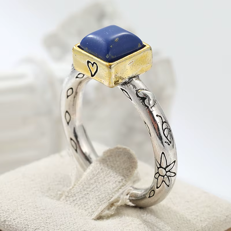 Bague vintage pour femme en imitation lapis-lazuli incrusté, motif sculpté à la main bicolore, bijou