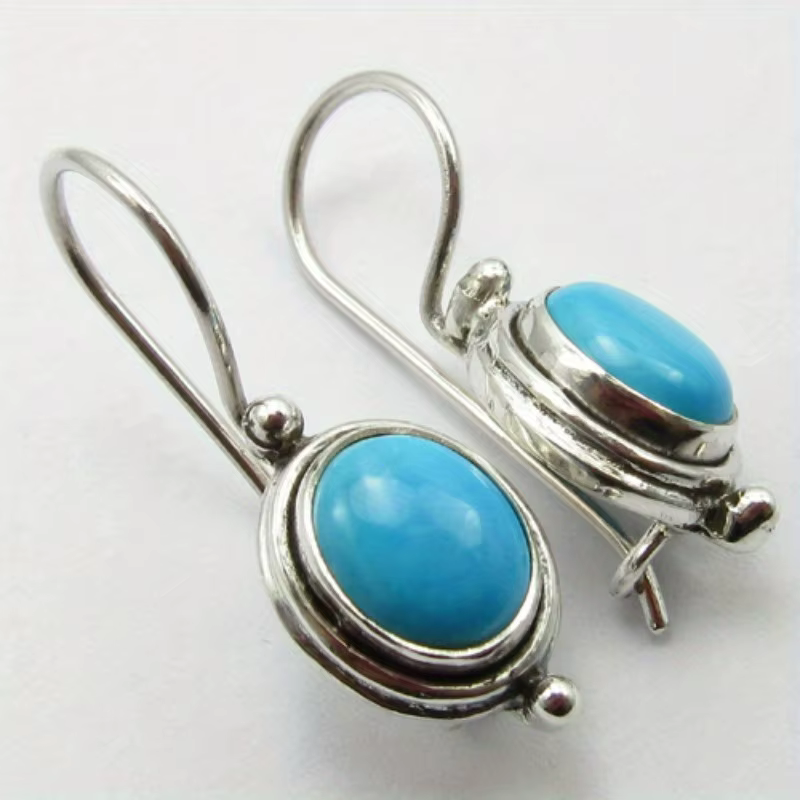 Vintage ovale incrusté Imitation Turquoise femmes boucles d'oreilles ethnique argent métal sculpture