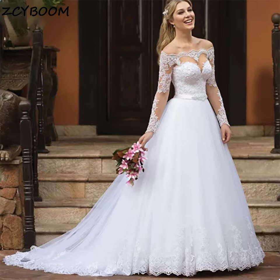 Magnifique Robe de Mariée Col Bateau Épaules Dénudées avec Appliques en Dentelle Coupe A-Line 2026, 