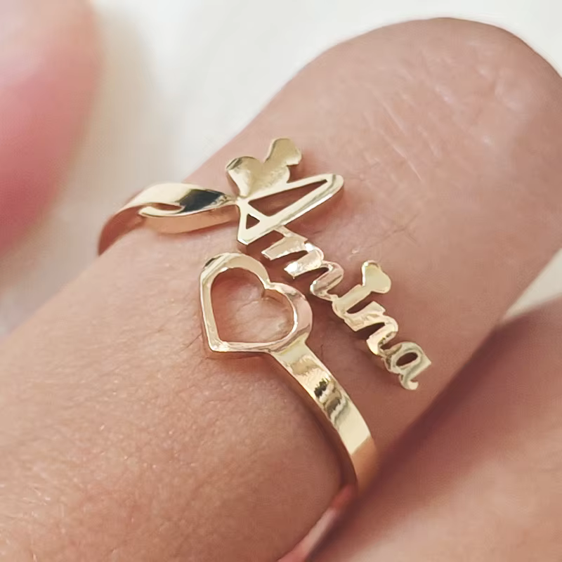 Personnalisez un tout nouveau anneau d'amour en forme de cœur avec nom personnalisé, anneau de coupl