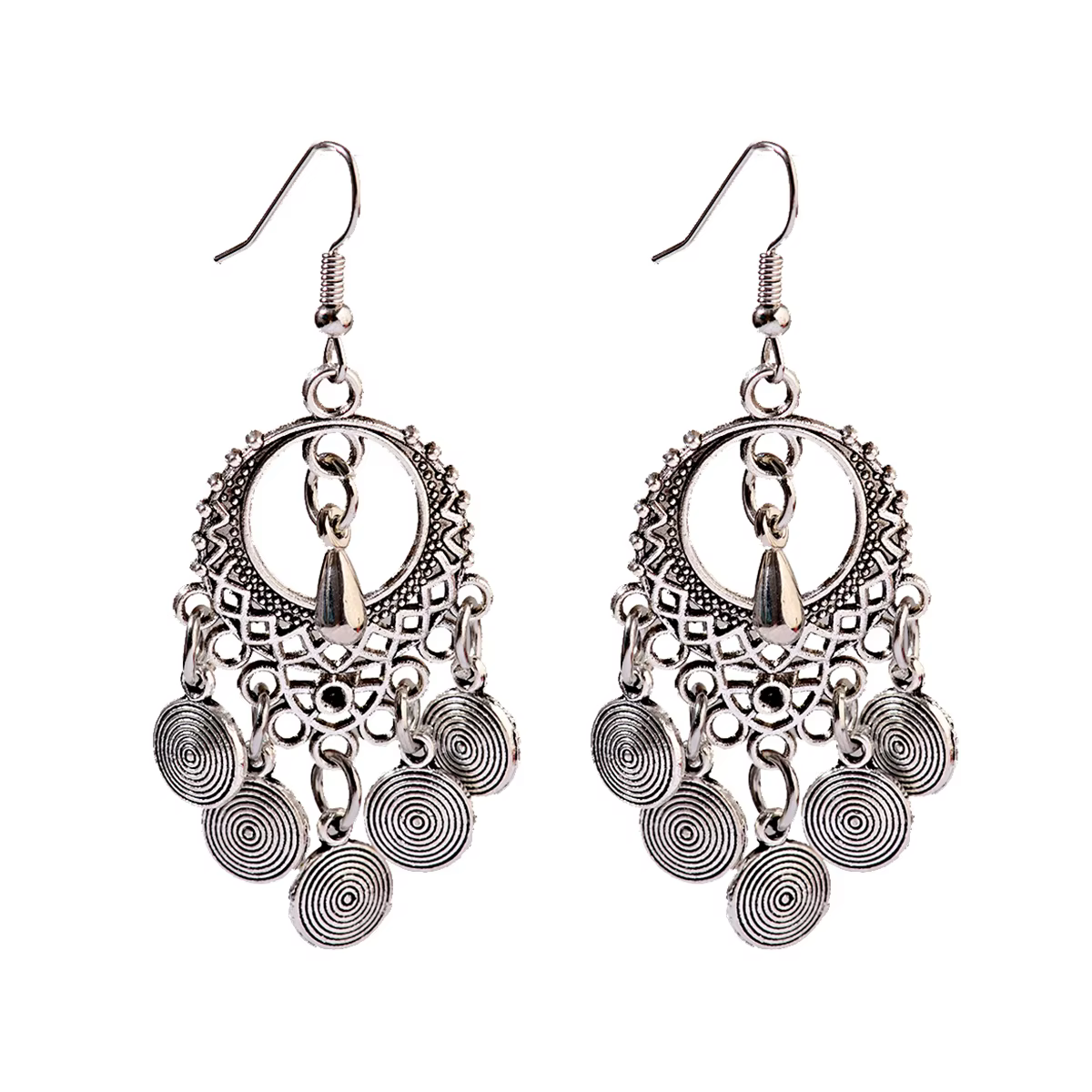 Boucles d'oreilles rondes et creuses en argent pour femmes, bijoux ethniques indiens, style Boho, Tr
