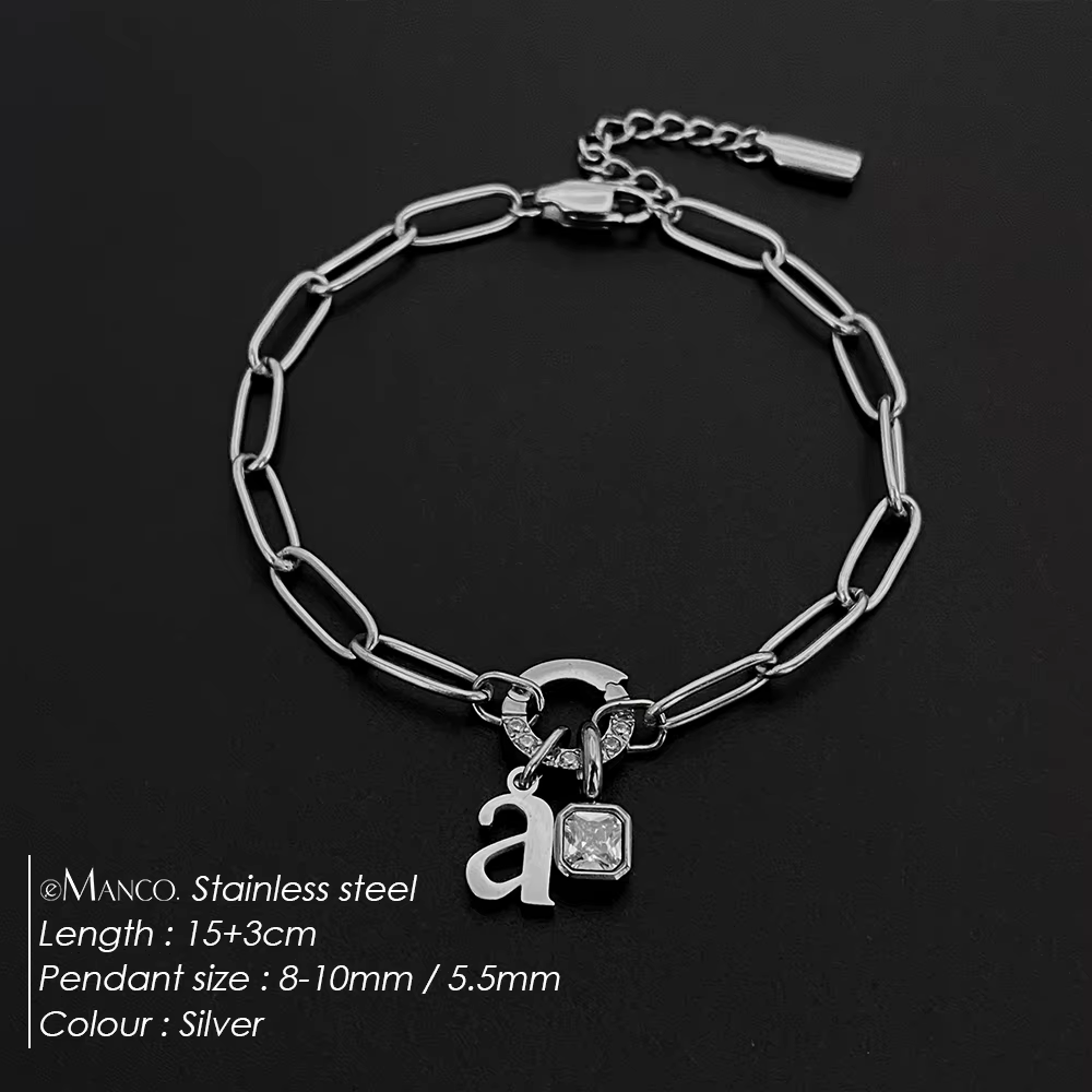 EManco – Bracelet à breloques initiales pour femmes et hommes, en acier inoxydable, couleur or argen