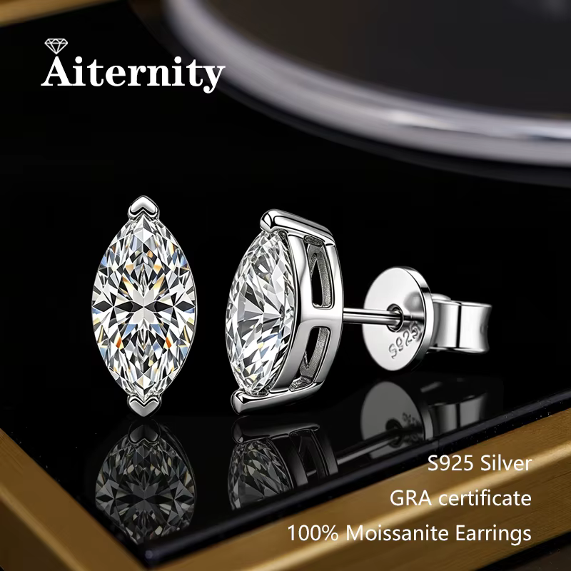 Boucles d'oreilles en moissanite taille marquise D VVS1, plaquées argent 925 avec certificat GRA, bi