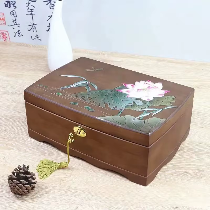 Boîte de rangement de bijoux en bois avec serrure, peintures rétro, boîtes à bijoux, porte-anneau, B
