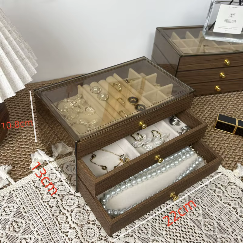 Boîtes à bijoux en noyer, tiroir pour boucles d'oreilles, bagues, boîte de rangement de bijoux, orga