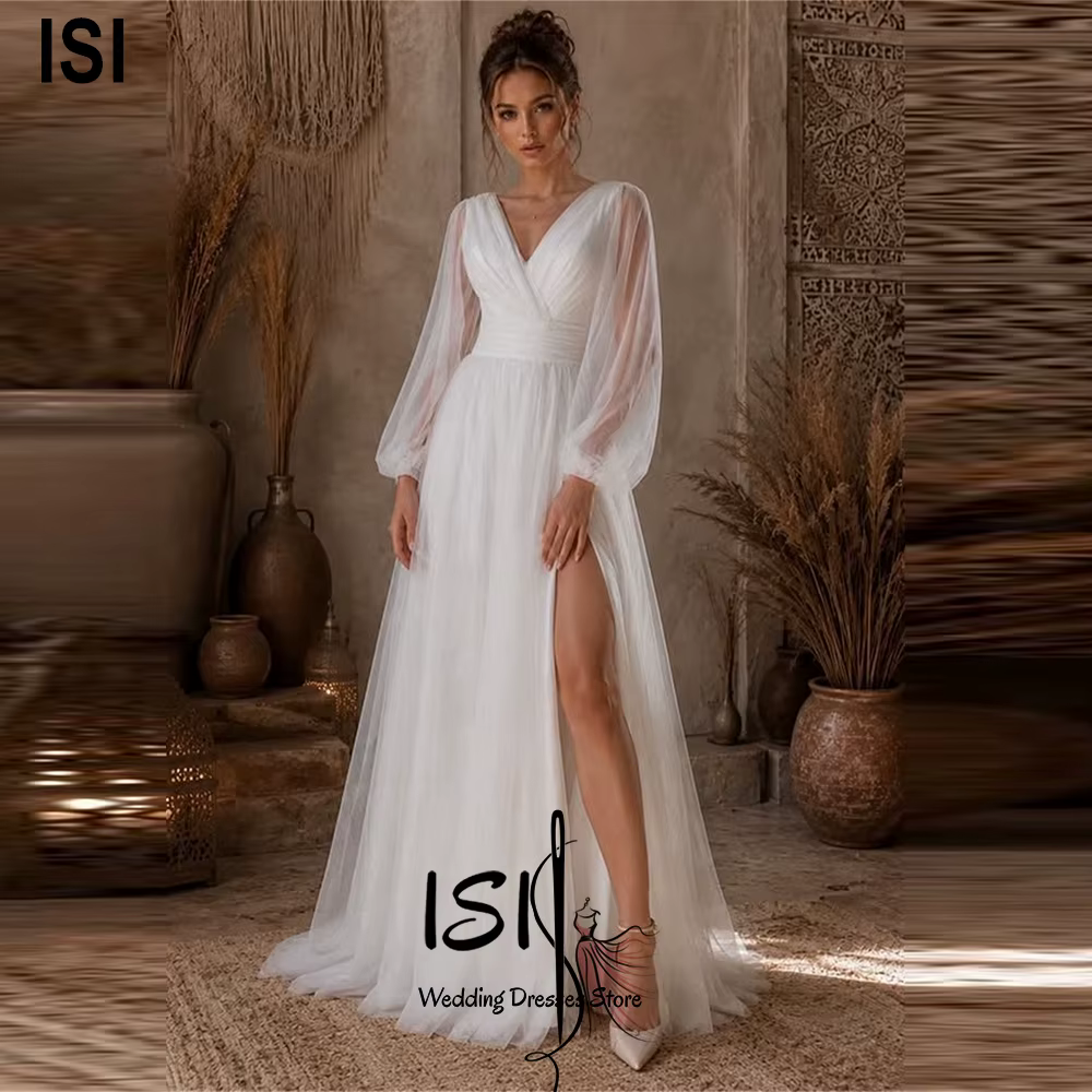 Robes de mariée vintage ISI à col en V pour femme, manches longues, fente latérale haute, taille hau