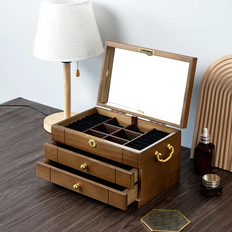 Boîte à bijoux en bois, grand organisateur de rangement avec serrure, boîte à bijoux de luxe multifo