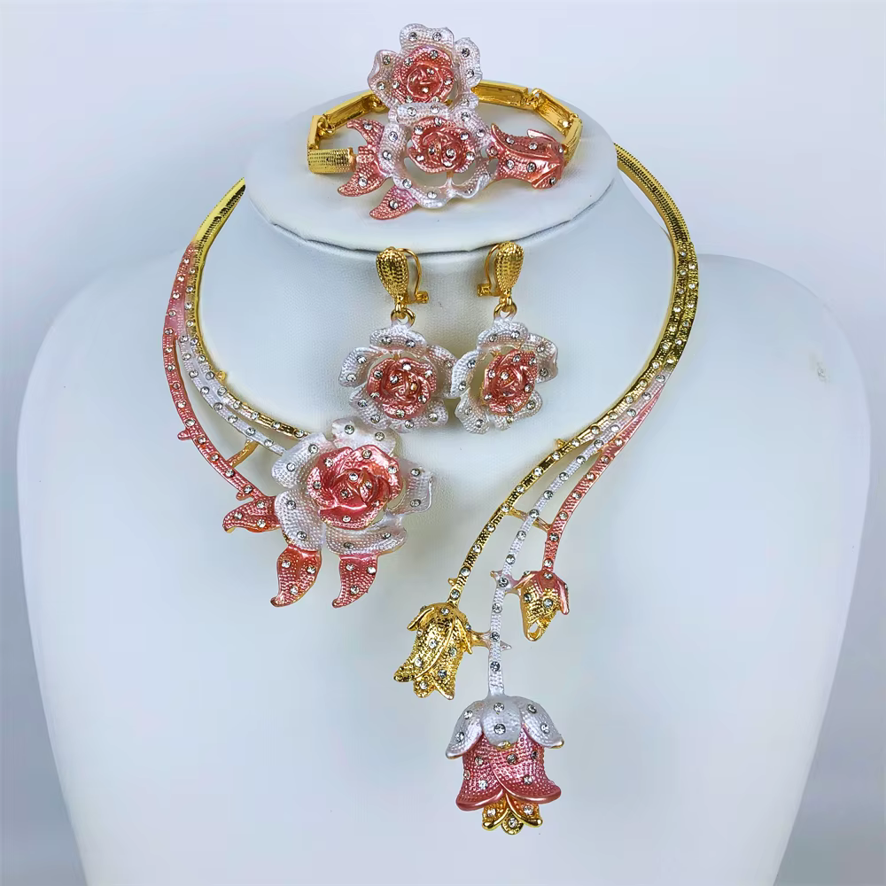 ESALE Design classique femmes ensemble de bijoux brésil plaqué or collier boucles d'oreilles bague B