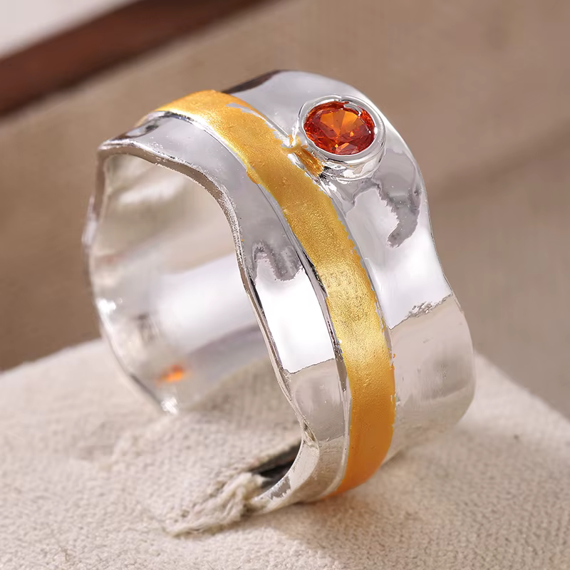Bague vintage pour femme incrustée de pierres rouges, unique, bicolore, sculptée à la main, pour usa