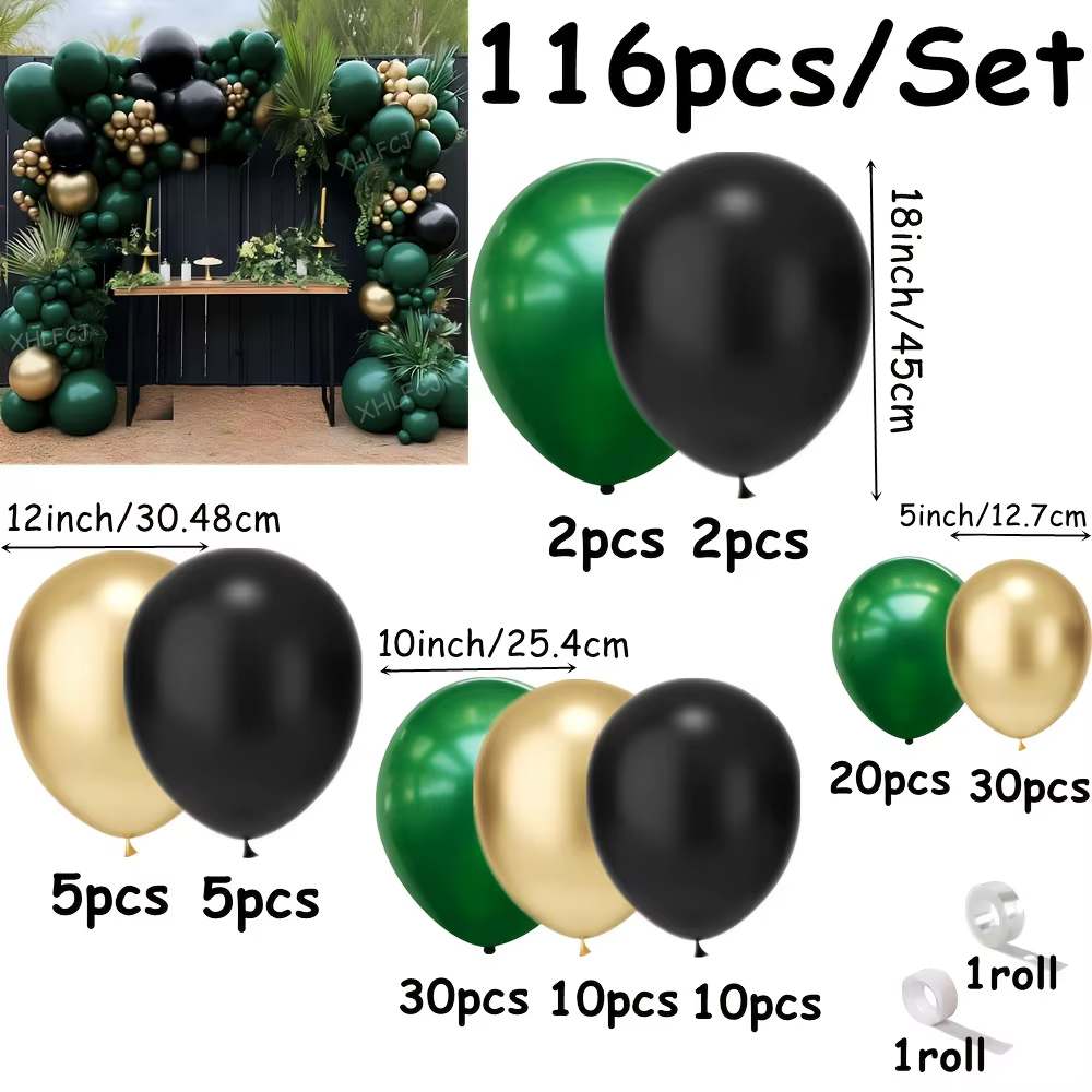 Guirlande de ballons en or vert noir, 116 pièces, ballons métalliques en or pour anniversaire, maria