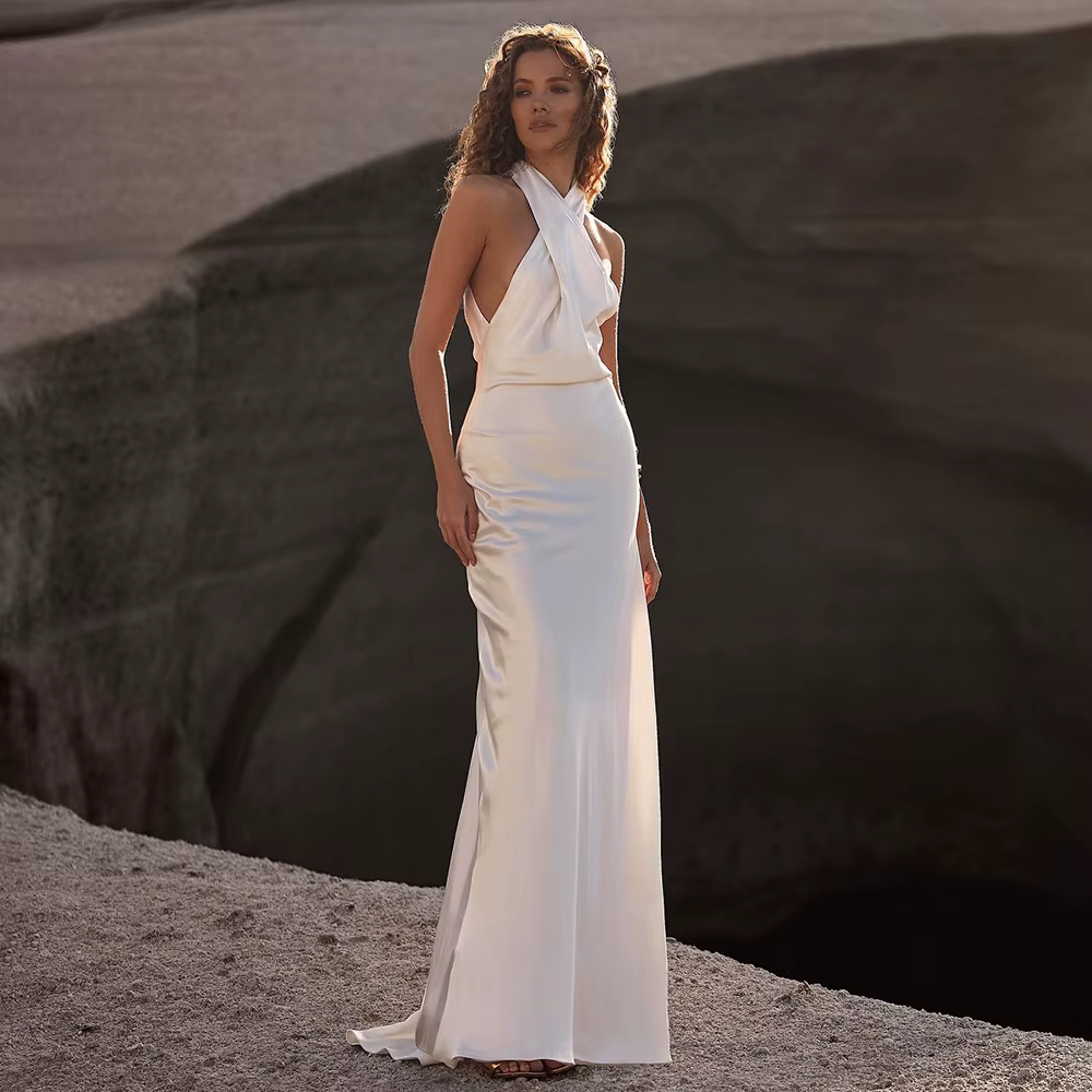 Robe de mariée sirène en satin ivoire pour femme, licou dos nu, robes de patients trompent croisées,