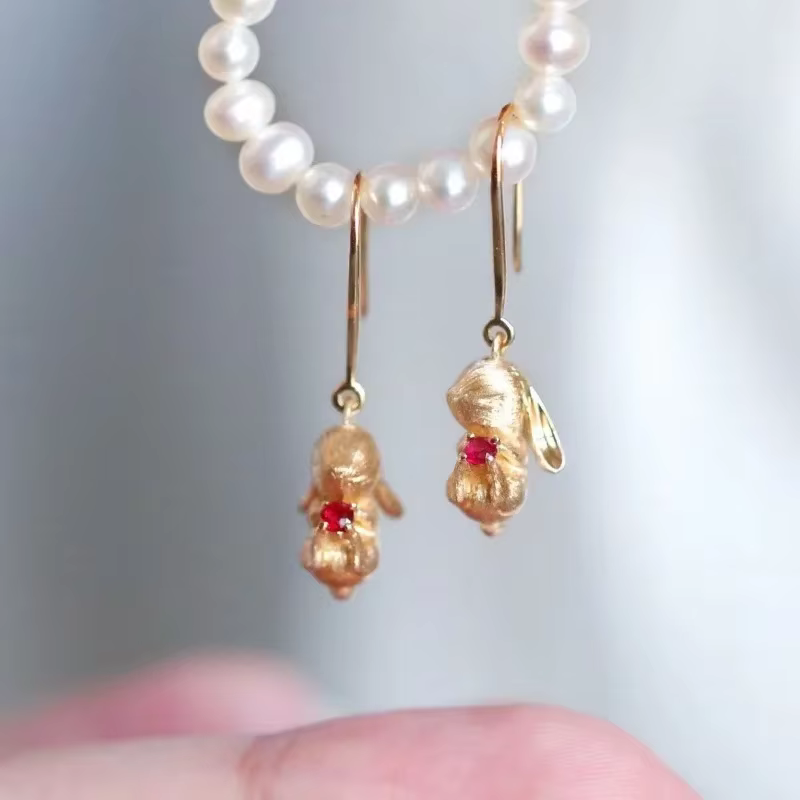 Ensemble de bijoux lapin mignon, boucles d'oreilles artisanales en or ancien mat pour femmes, bague,