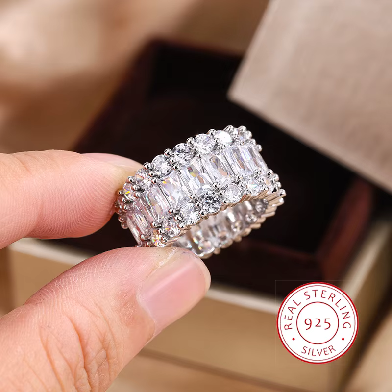 Bague grande bande colorée plaquée argent S925 avec pierre de Zircon scintillante pour femmes, bijou