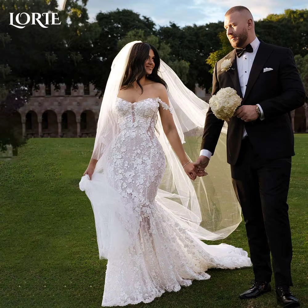 LORIE-Robe de Mariée Sirène en Dentelle avec Fleurs Appliquées, Tenue Élégante de Plage, Style Boho,