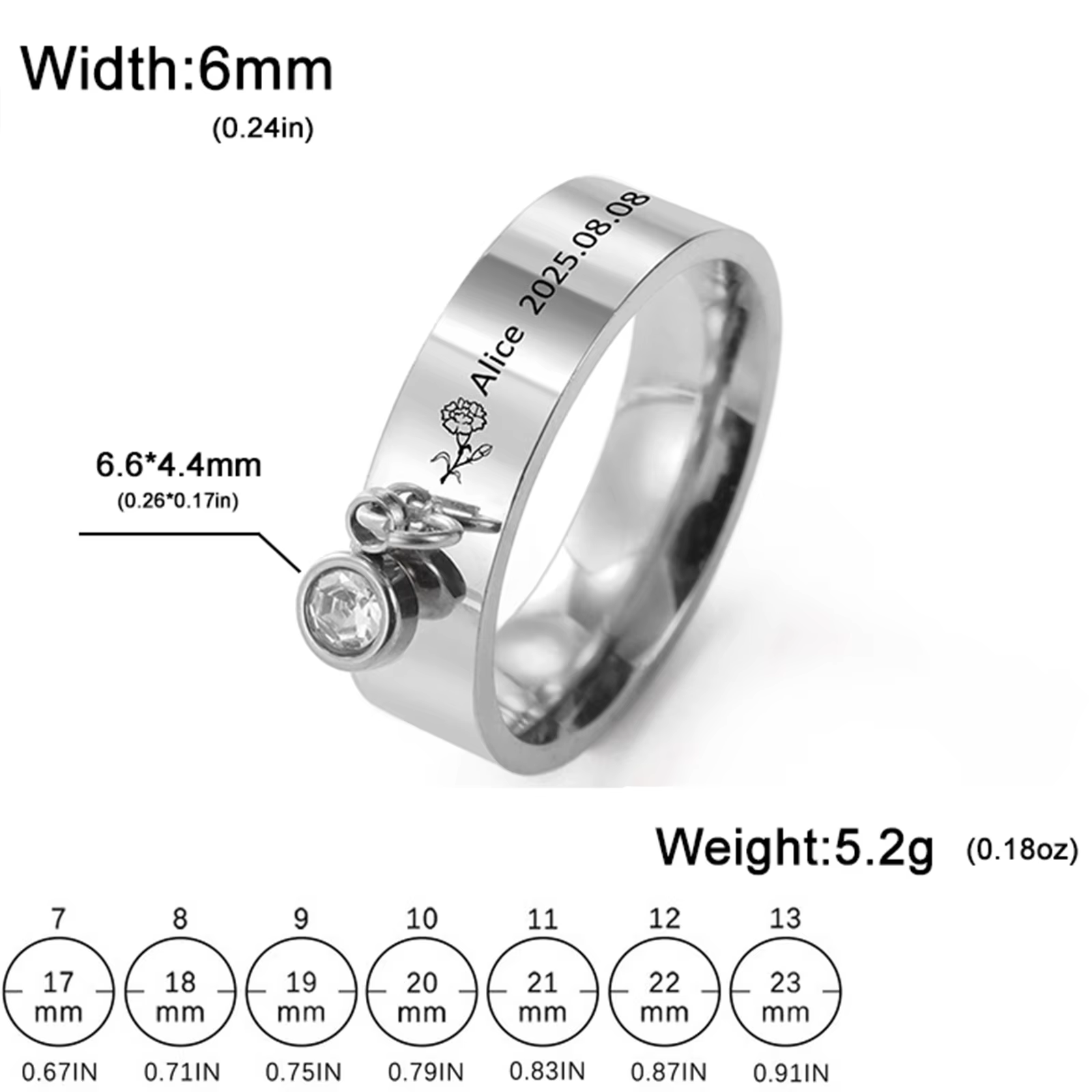 Bague personnalisée avec pierre de naissance gravée, anneaux de fleurs du mois de naissance pour fem
