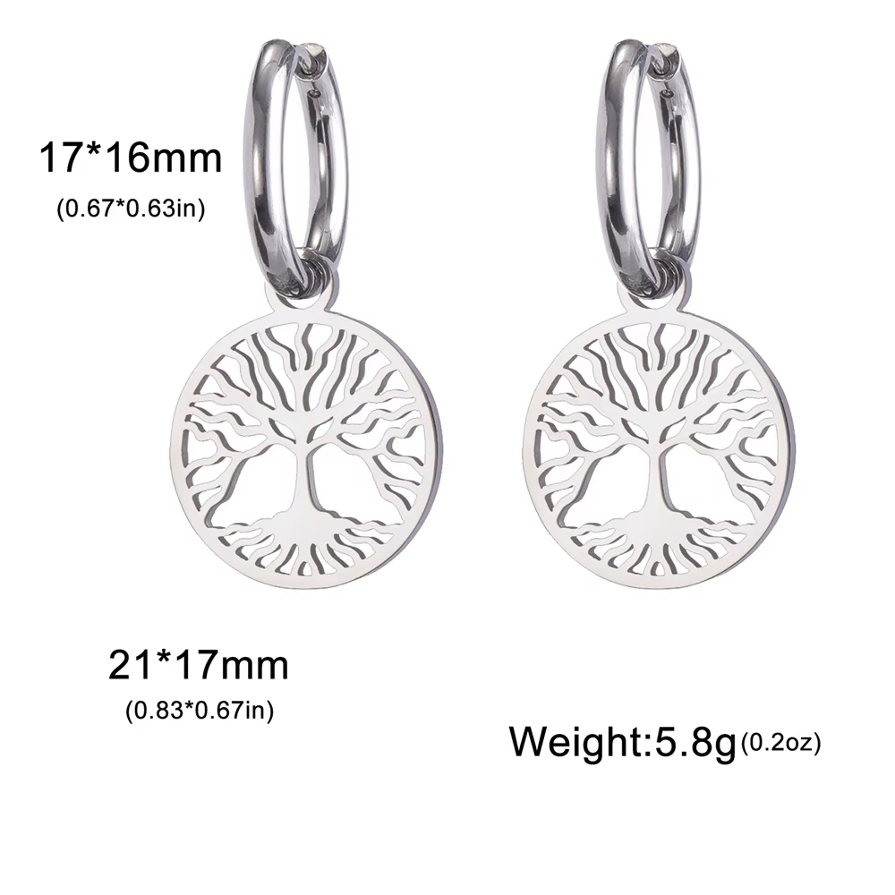 Boucles d'oreilles rondes arbre de vie plaquées or pour femmes, en acier inoxydable, breloque de lux
