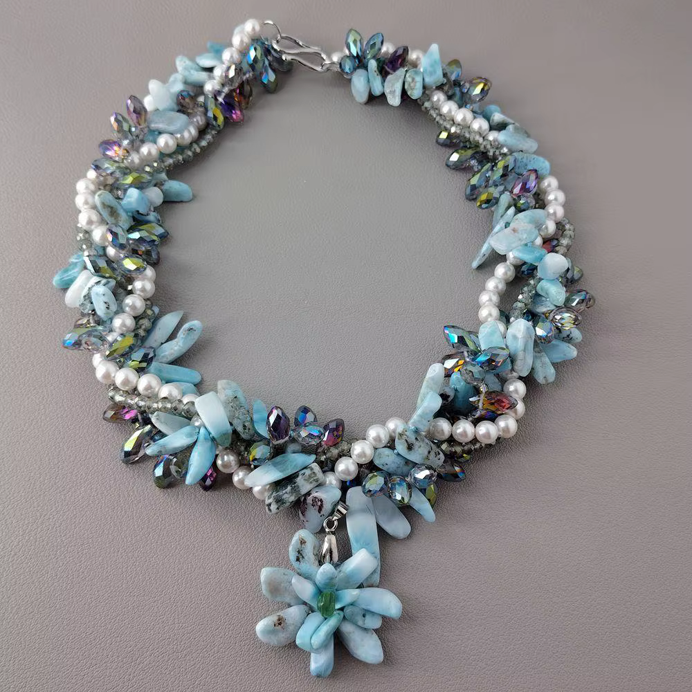 KKGEM 4 brins 9x16mm Larimar 6mm coquille de mer blanche cristal Torsade collier élégant déclaration