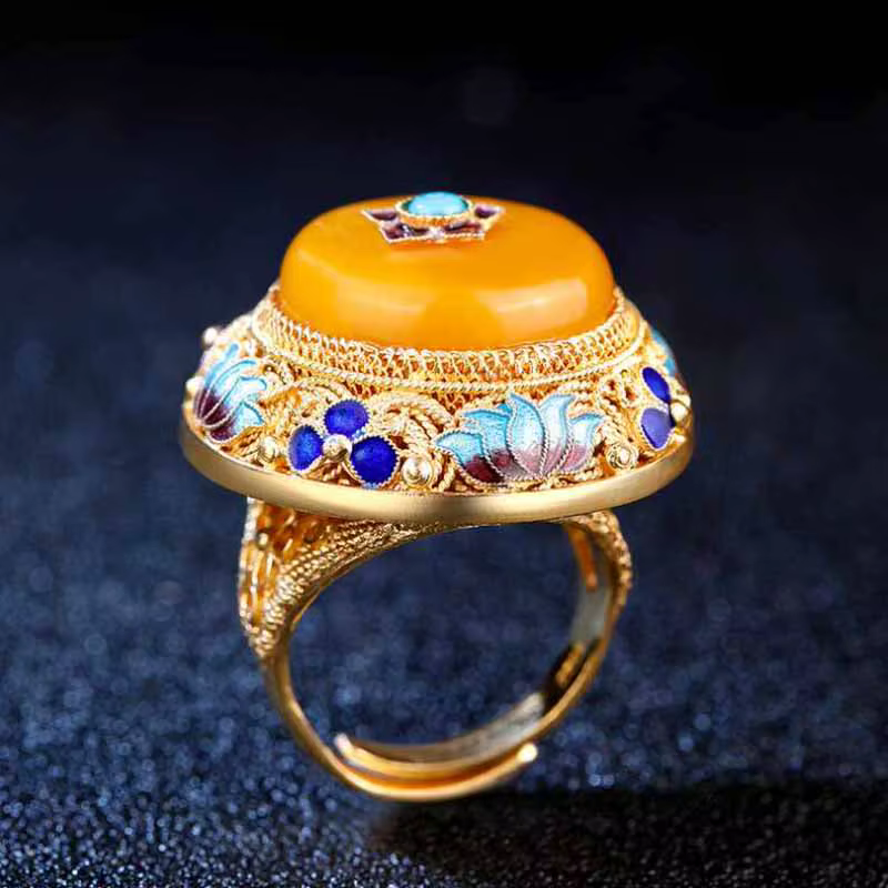Bagues en porcelaine et émail lotus pour femmes, artisanat en or ancien, calcédoine jaune naturelle,