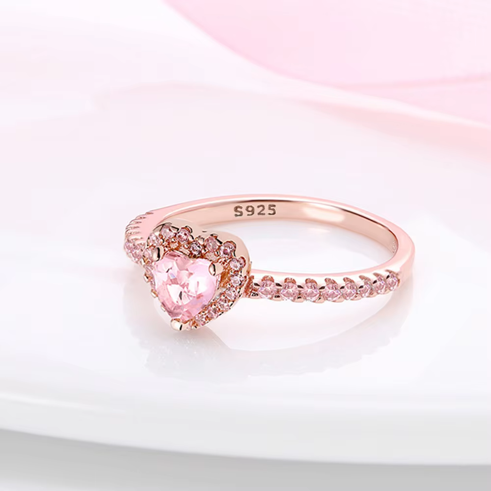 Bague de cocktail élégante en forme de cœur plaqué or rose, avec halo de pierres brillantes, bijoux 