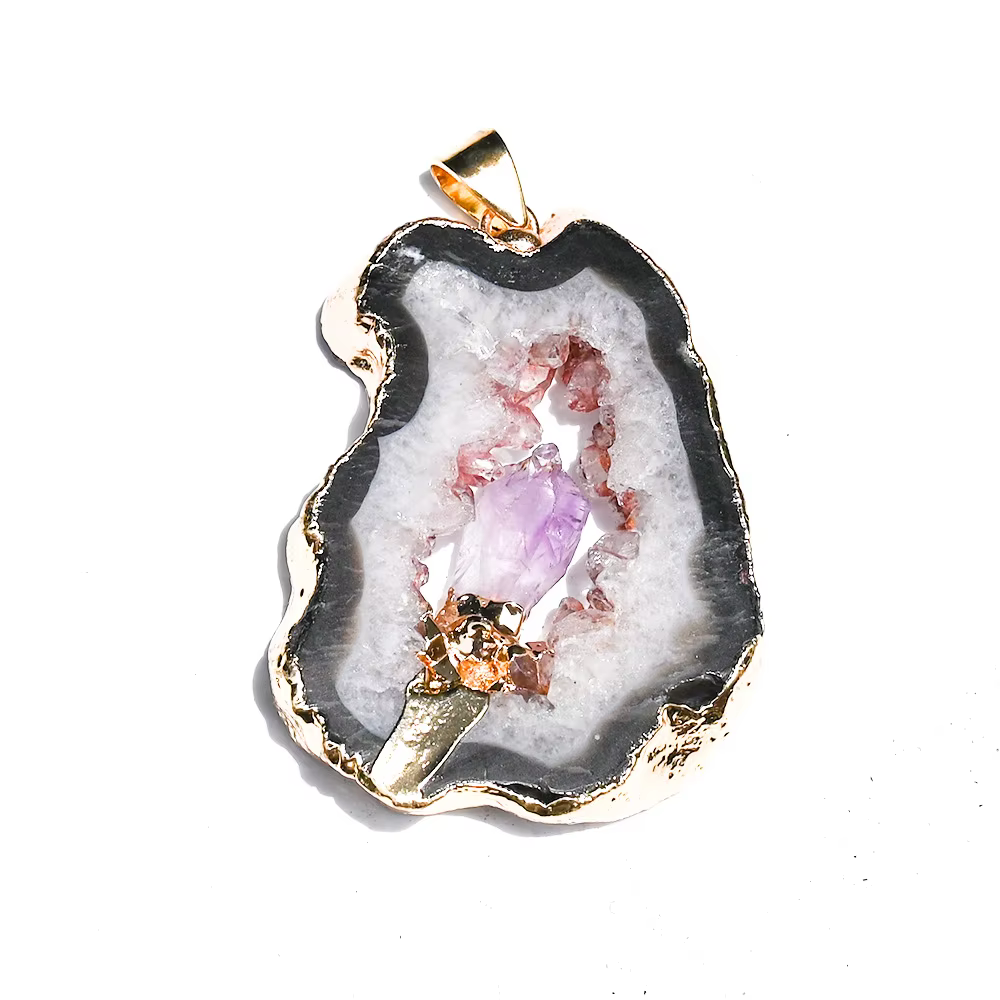 Géode de cristal d'agate naturelle, pendentif en Quartz violet intégré, tranche de roche irrégulière