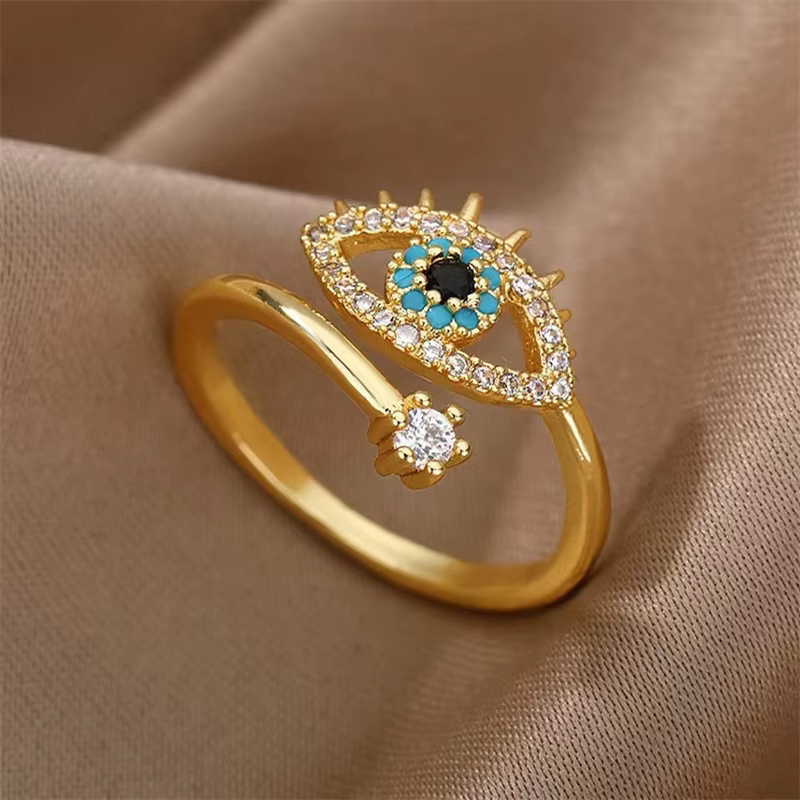 Bague ouverte en laiton avec zircon cubique et œil turc porte-bonheur pour femme, ajustable, bijou d