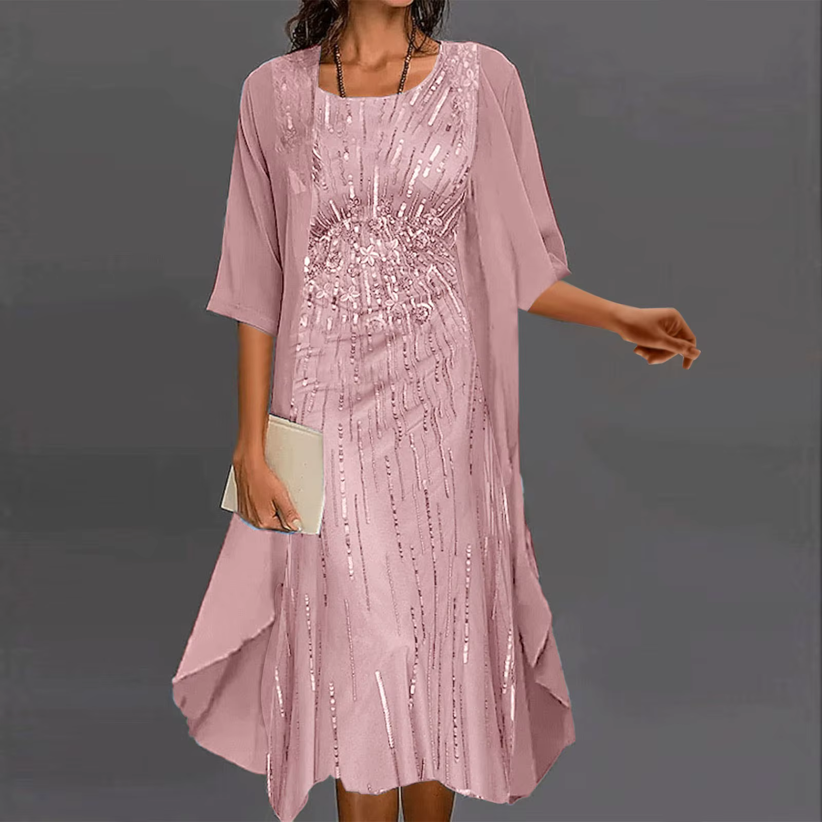 Robe de Soirée Élégante à Paillettes Brillantes pour Femme, Tenue de Mariage à Col Rond, Ensemble De