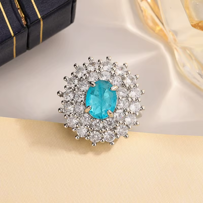 Bague en argent sterling 925 pour femme, saphir Paraiba rond, zircone géométrique, cadeau d'annivers
