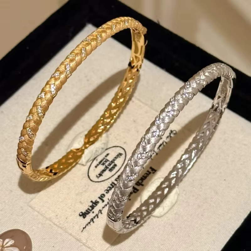 Bracelet tissé brossé de style doux vintage pour femmes, argent 925 incrusté de diamants, bracelets 