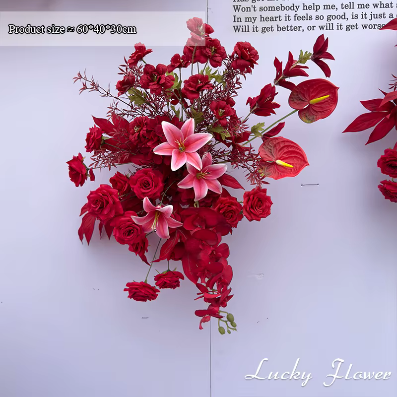 Décoration murale de fond de scène de mariage Rose Rouge Lys, rangée de fleurs artificielles pour co